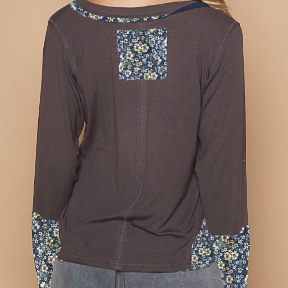 POL L/S TEE V-NECK FLORAL NUMBER PATCHWORK GRAY NIP Restocked - Picture 4 of 6